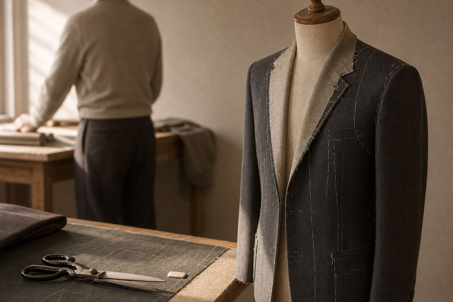 A quiet corner of a tailoring atelier with a half-finished jacket on a dress form