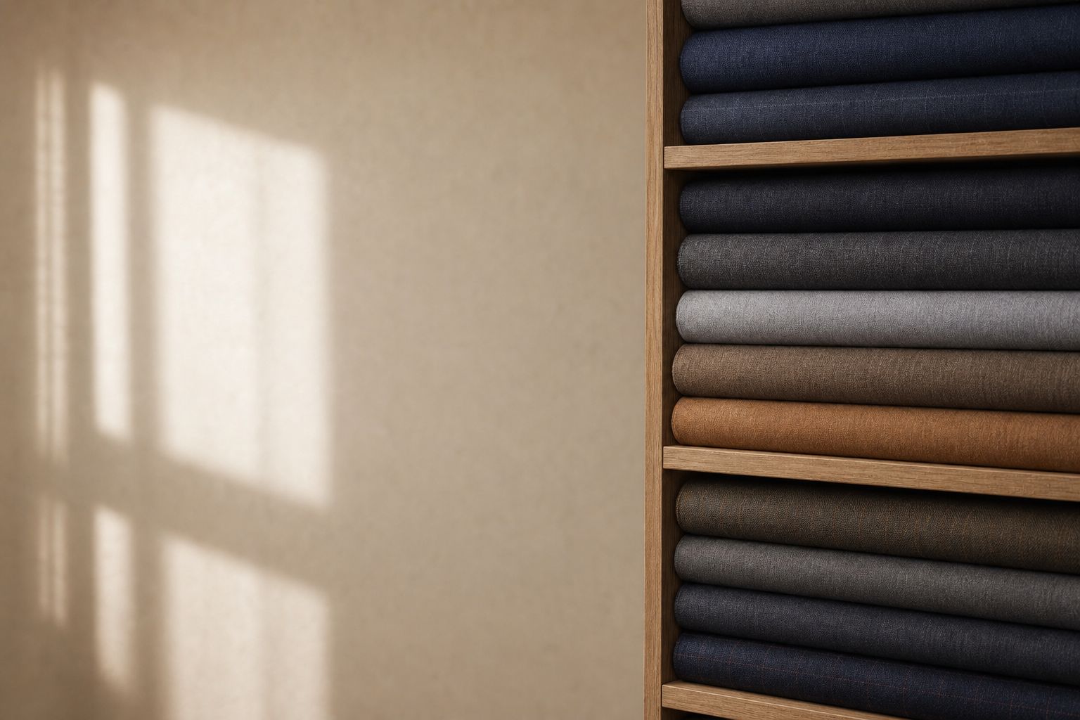 A wall of stacked suiting fabric bolts in blues, greys and earth tones
