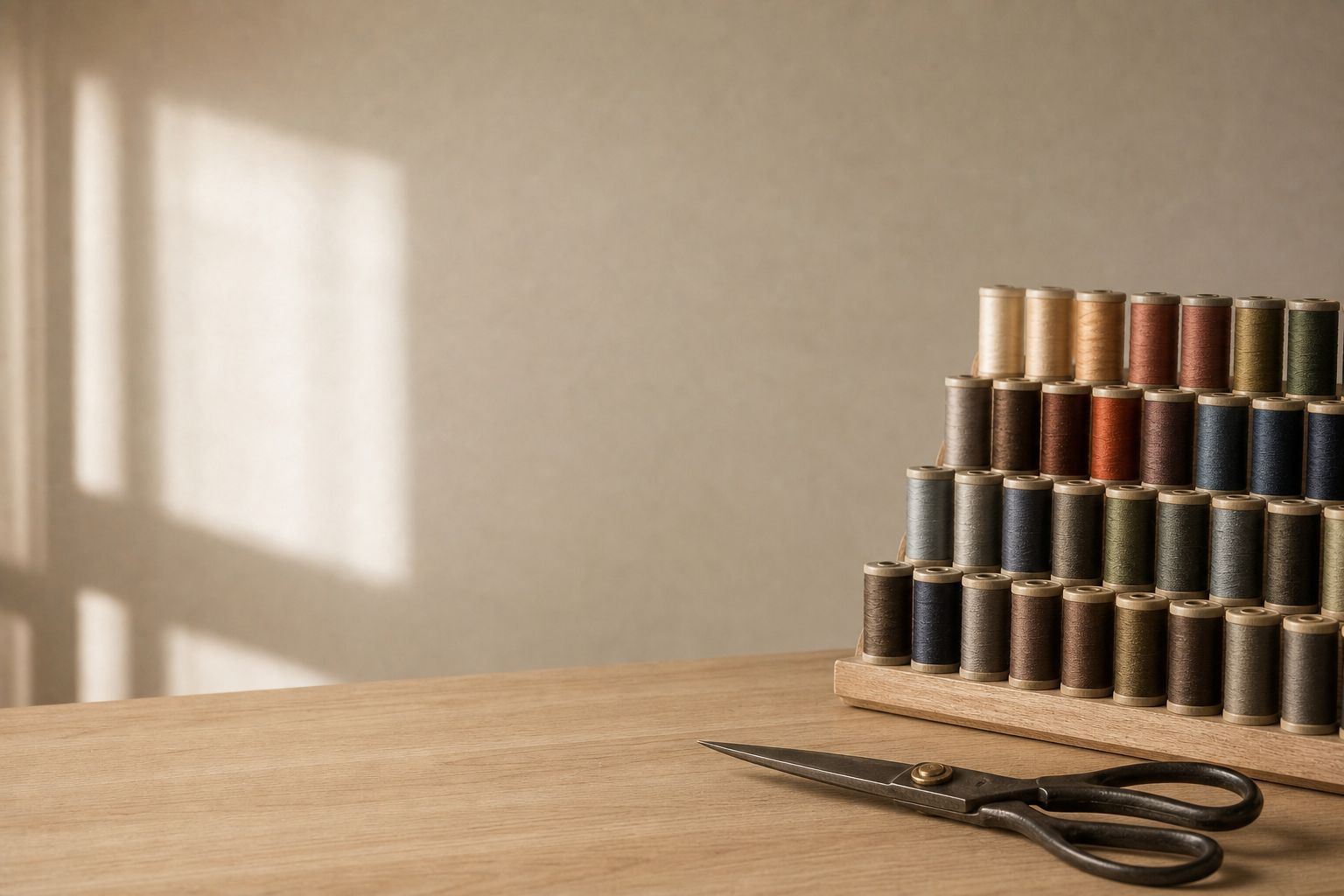 A rack of silk thread spools beside a pair of tailoring shears