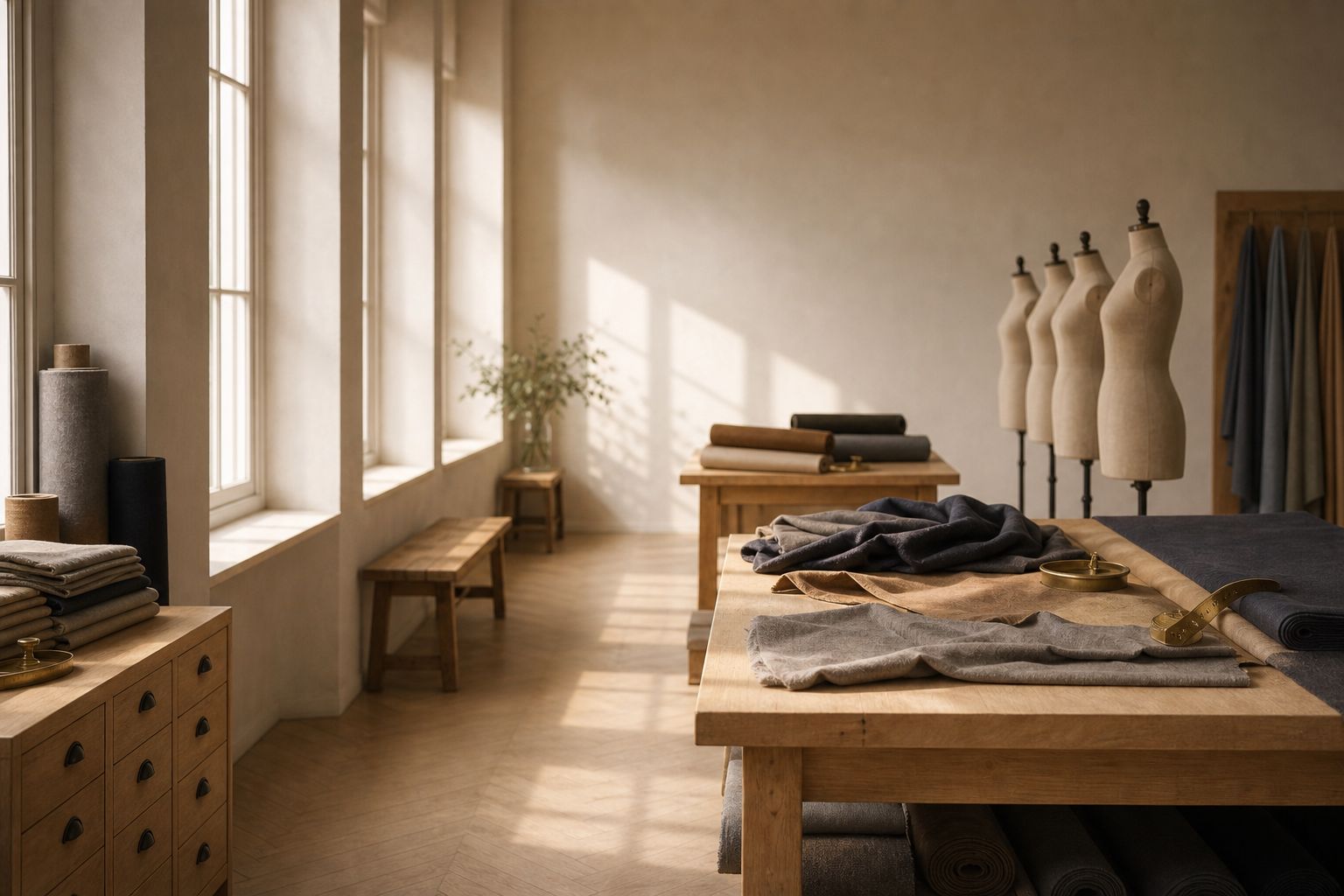 A wide view down a bright tailoring workshop