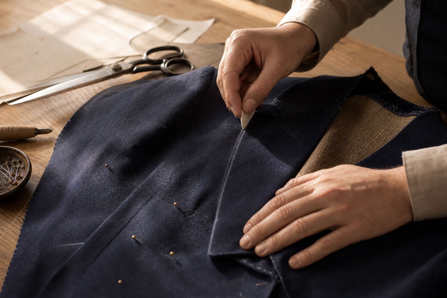 A tailor marking a chalk line along the lapel of a half-made jacket