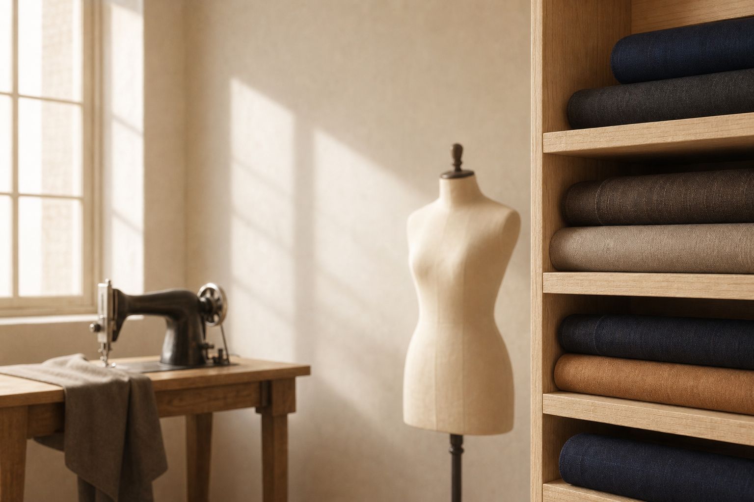 The interior of a tailoring workshop with rolls of suiting cloth