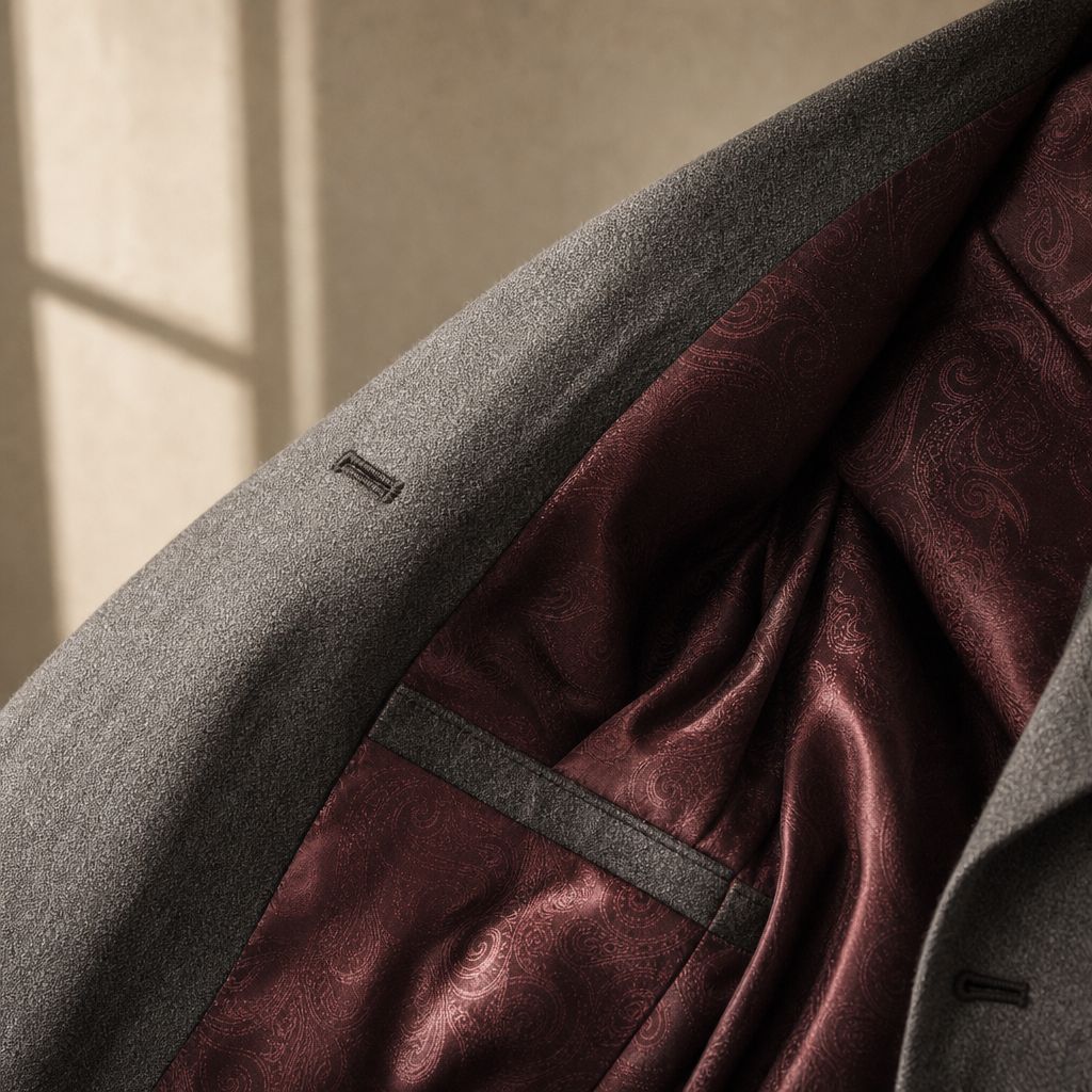A jacket held open to show its patterned silk lining