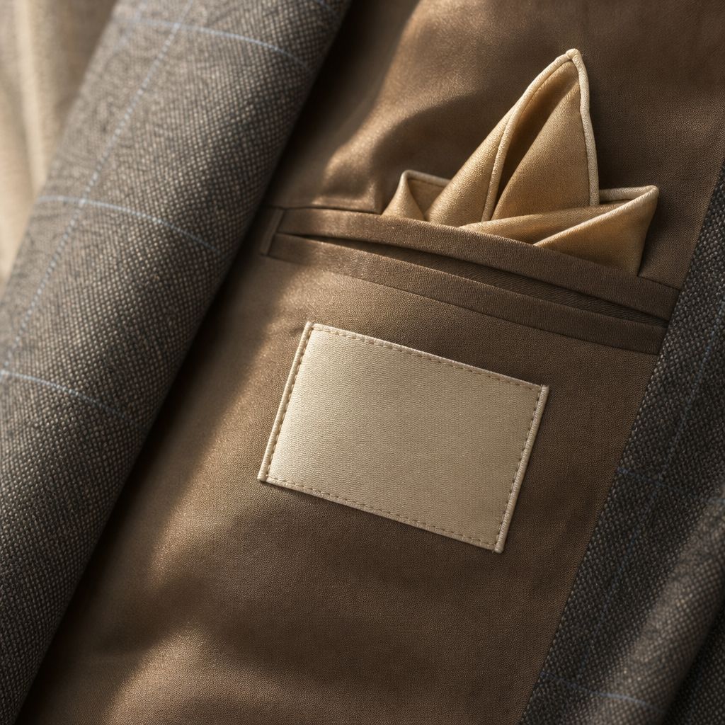 An unmarked silk label inside a jacket breast pocket