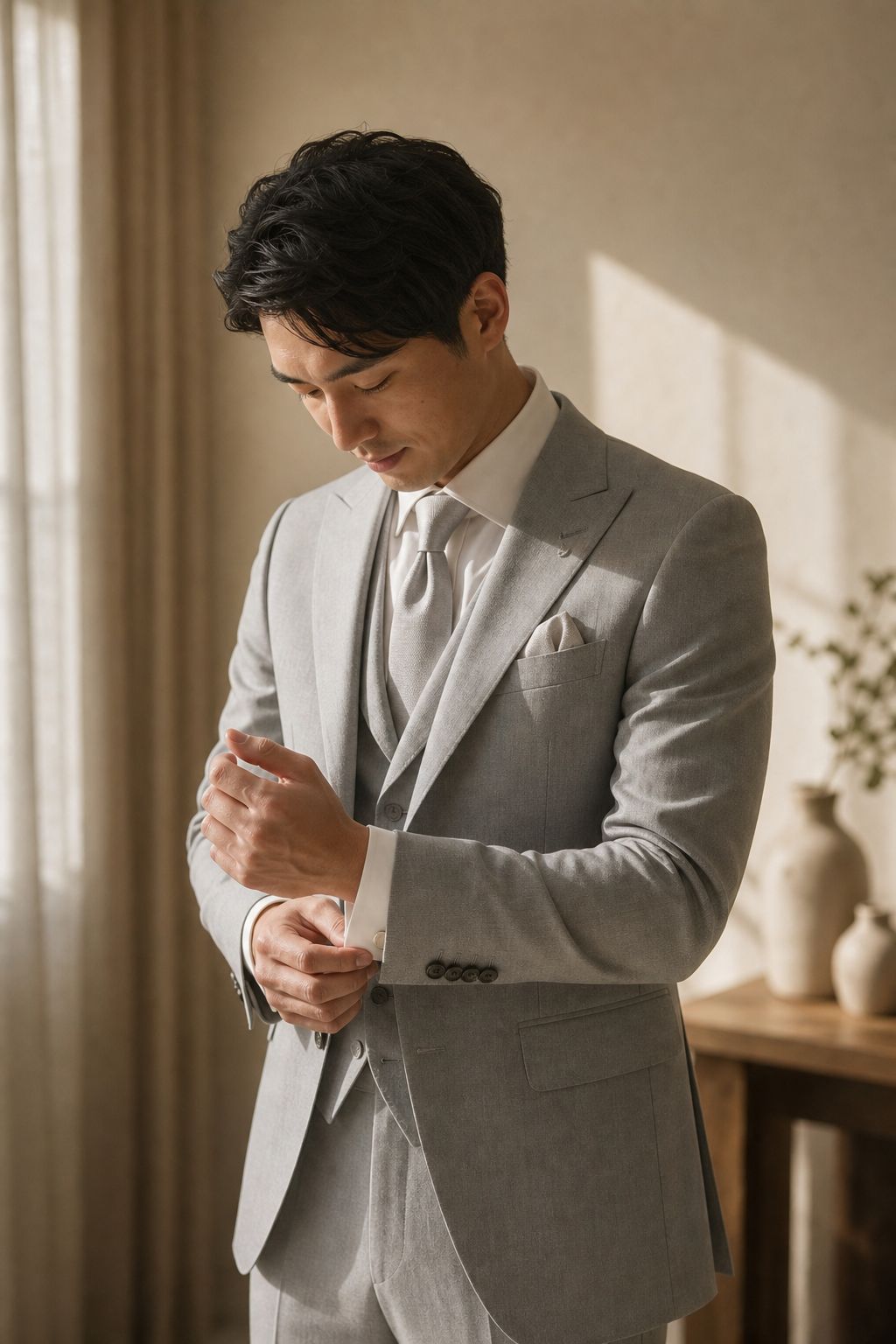 A groom adjusting his cuff in a pale grey morning suit