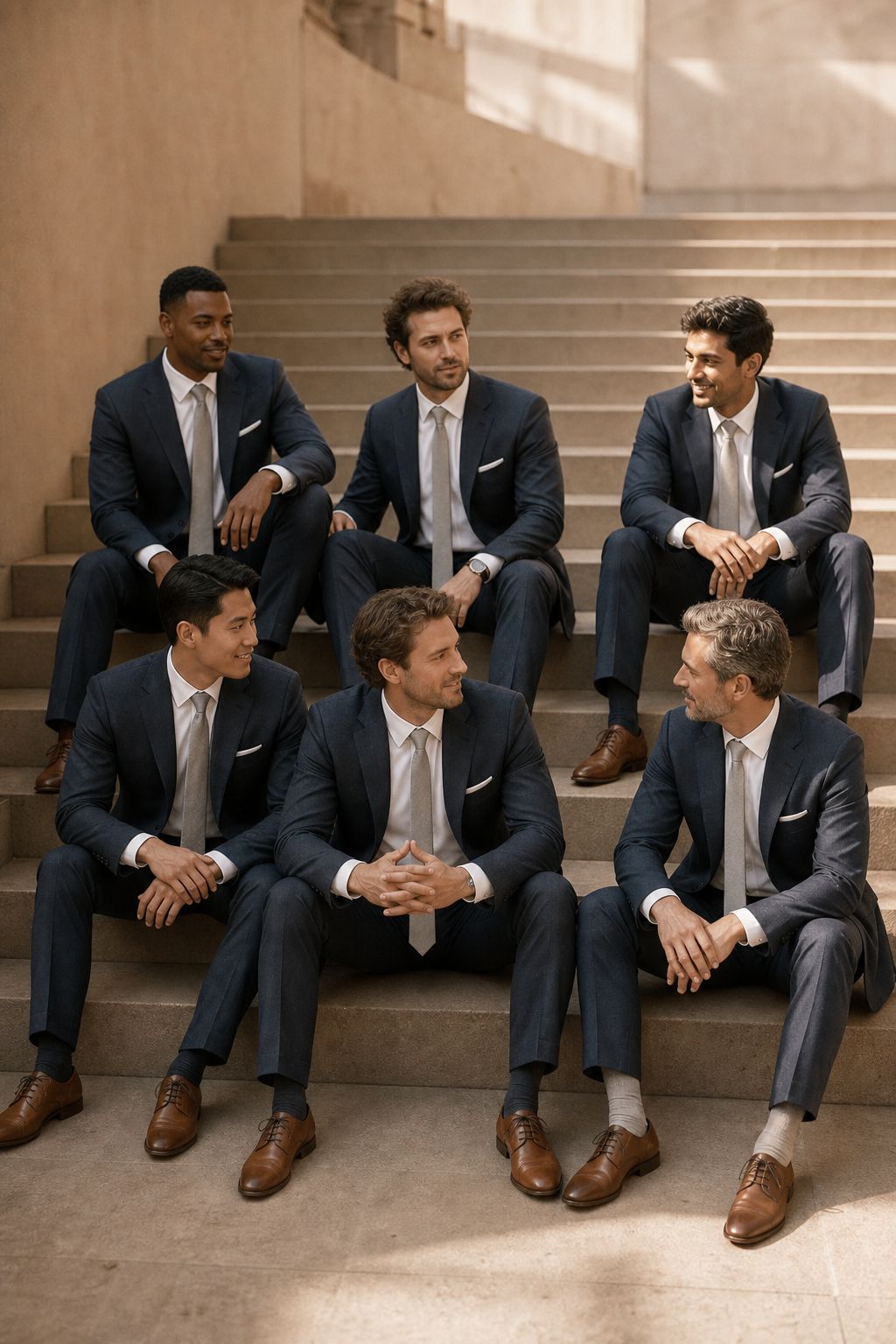 Six groomsmen in slate blue suits on a sunlit staircase