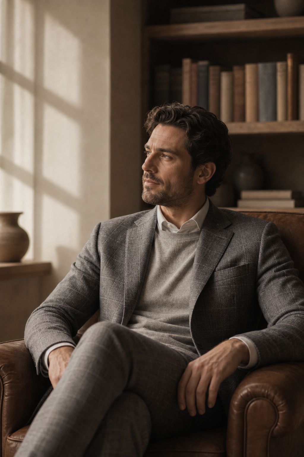 A soft grey checked suit worn in a bright library