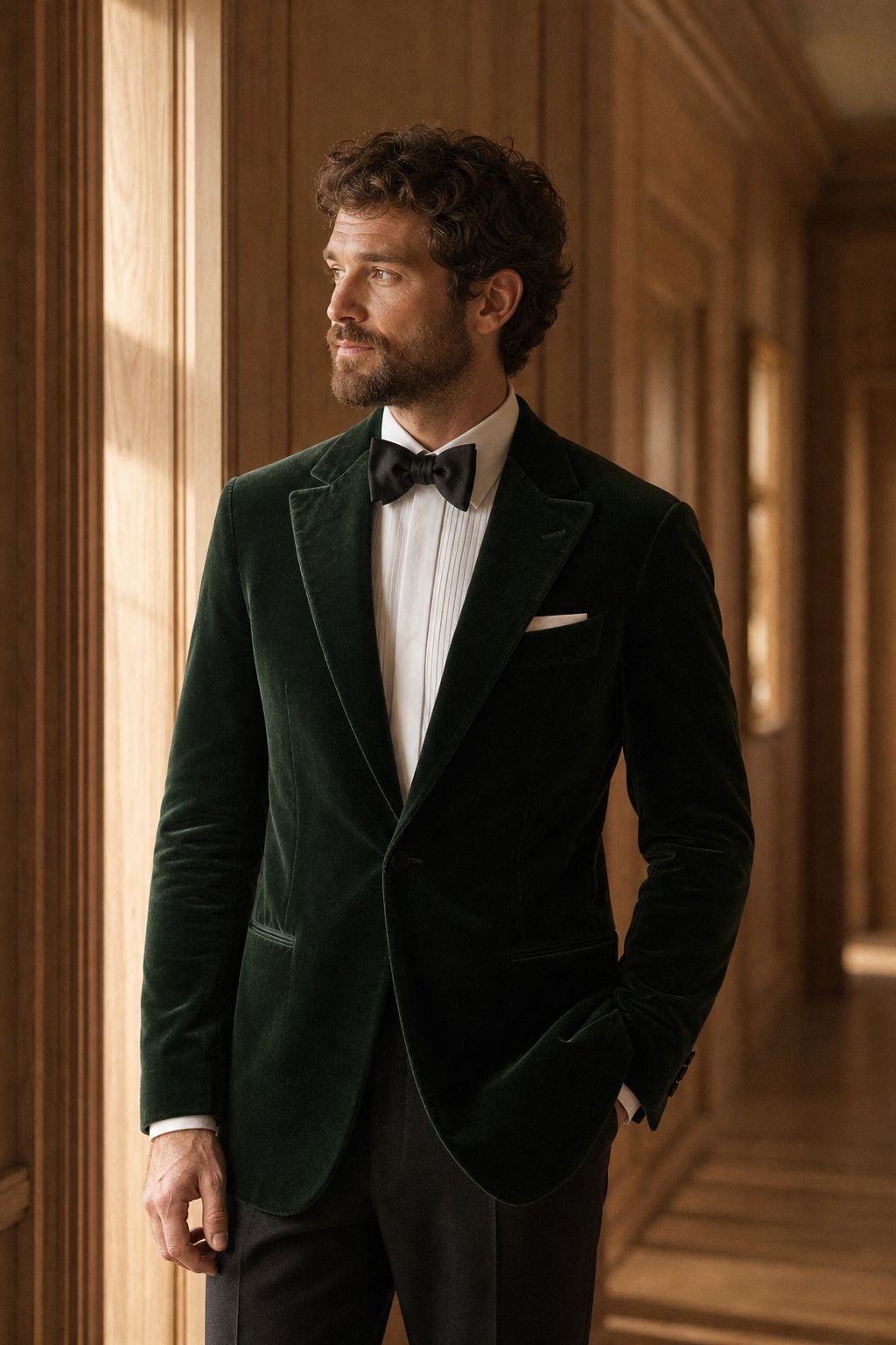 A deep green velvet dinner jacket in a panelled hallway