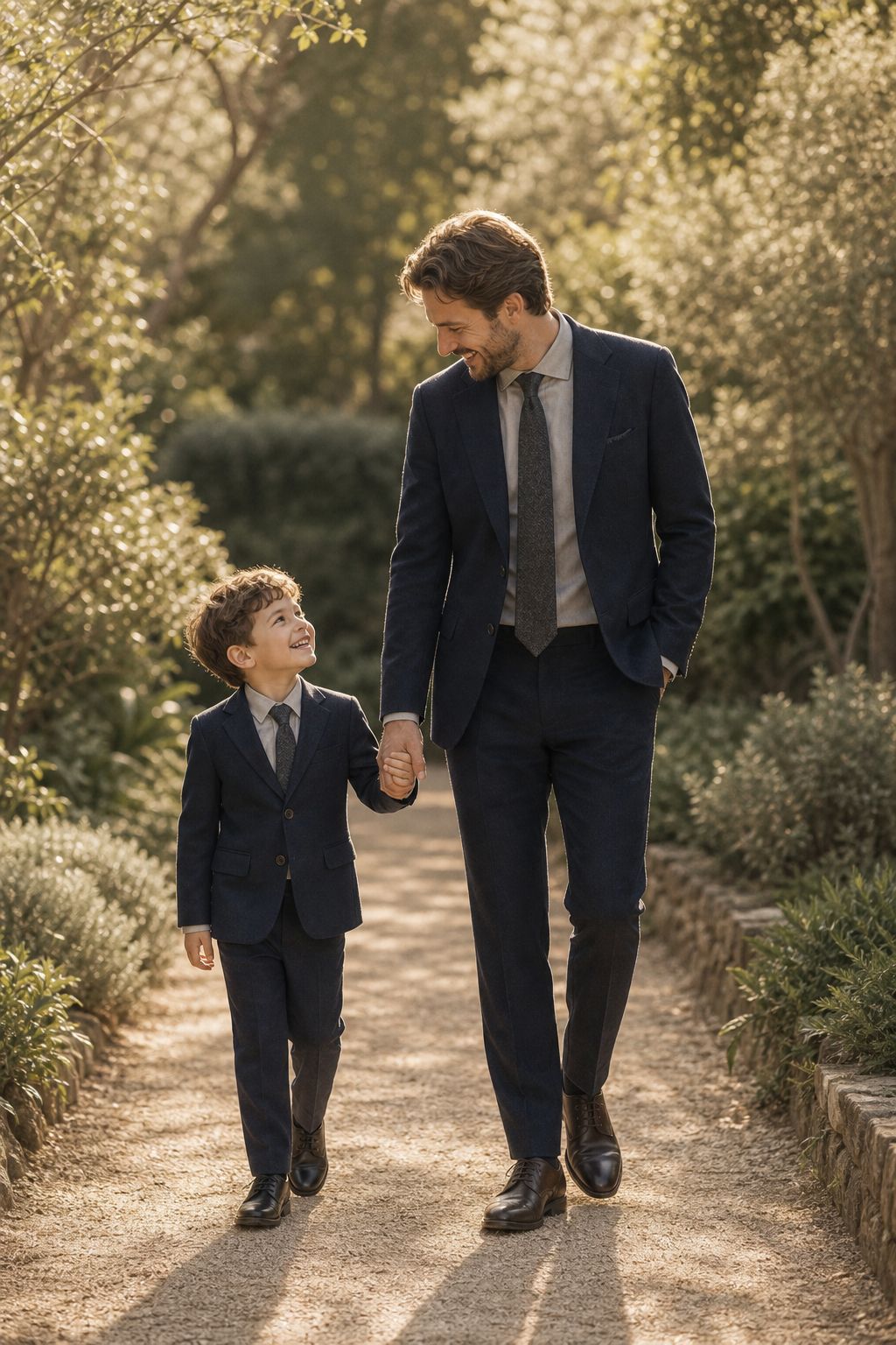 A father and son in matching navy suits on a garden path