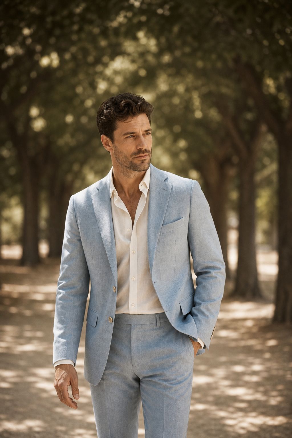 A light blue summer suit under dappled sunlight