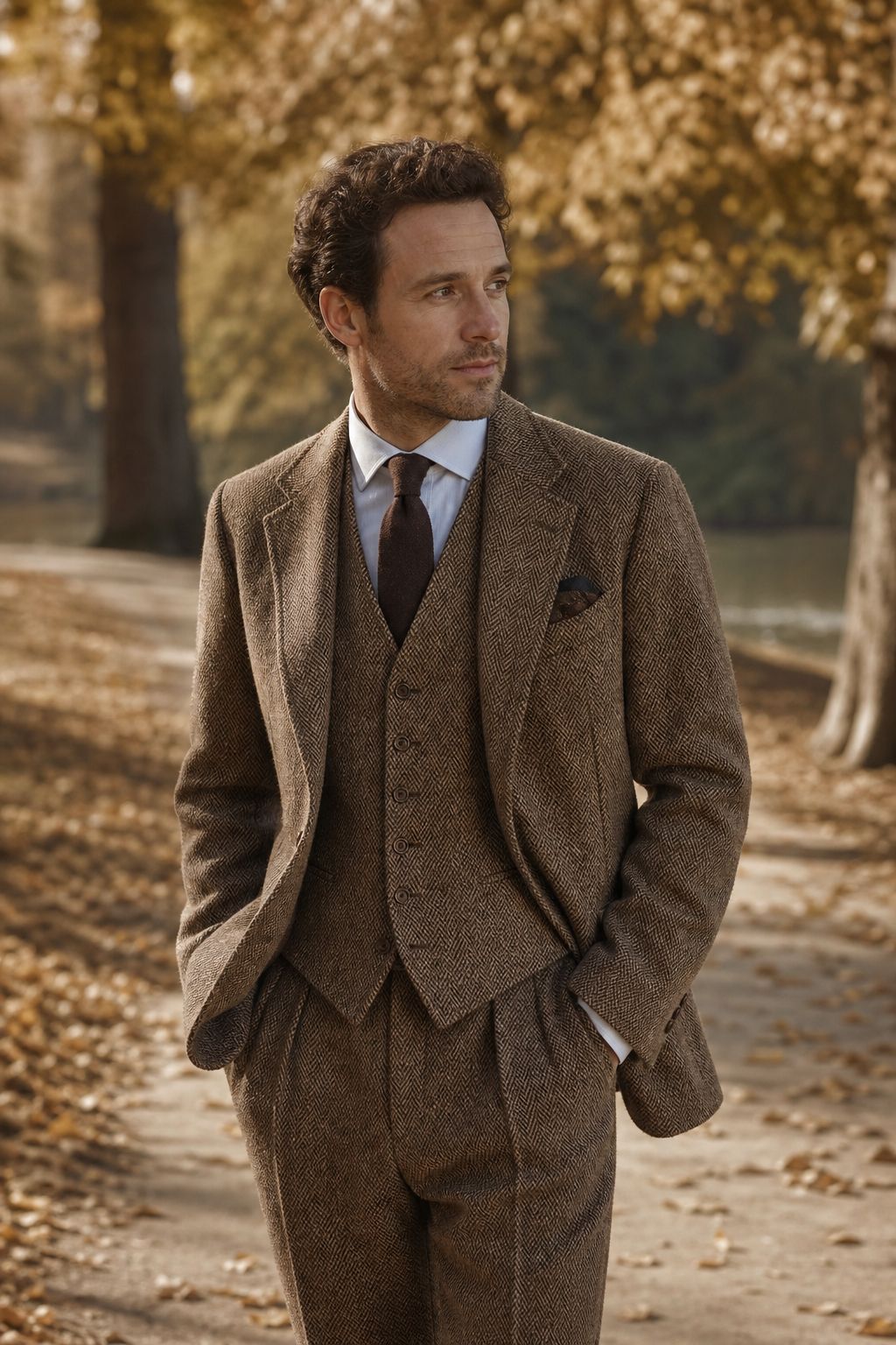 A brown herringbone tweed three-piece suit in autumn