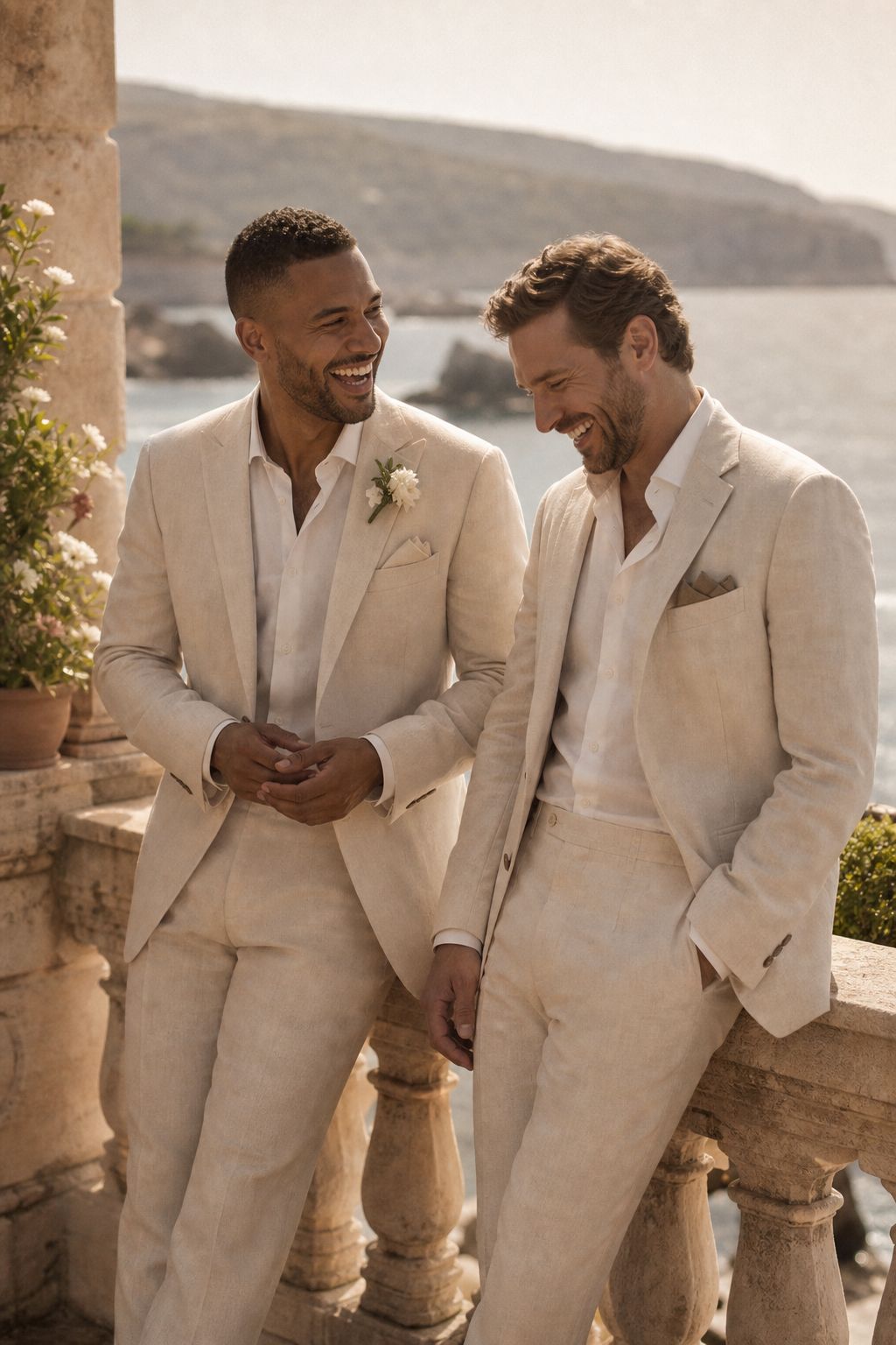 A groom and best man in cream linen suits on a balcony
