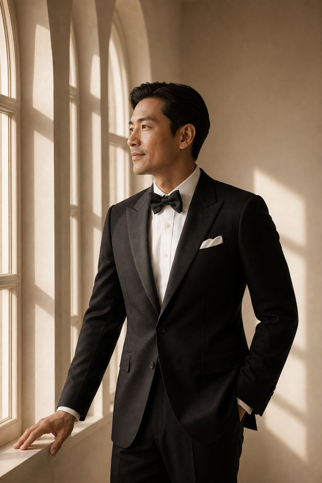 A black tuxedo with a white pocket square beside tall arched windows