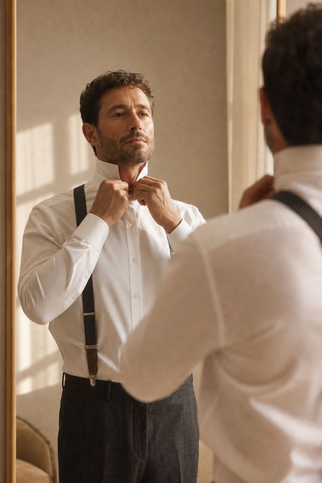 A white dress shirt and braces adjusted in front of a mirror