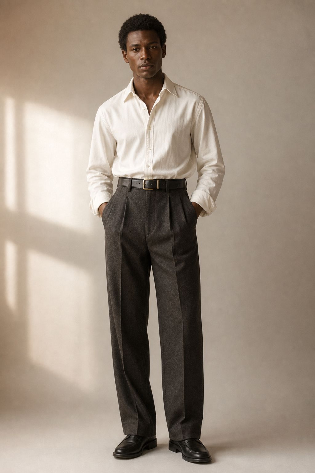 High-waisted charcoal flannel trousers with a leather belt