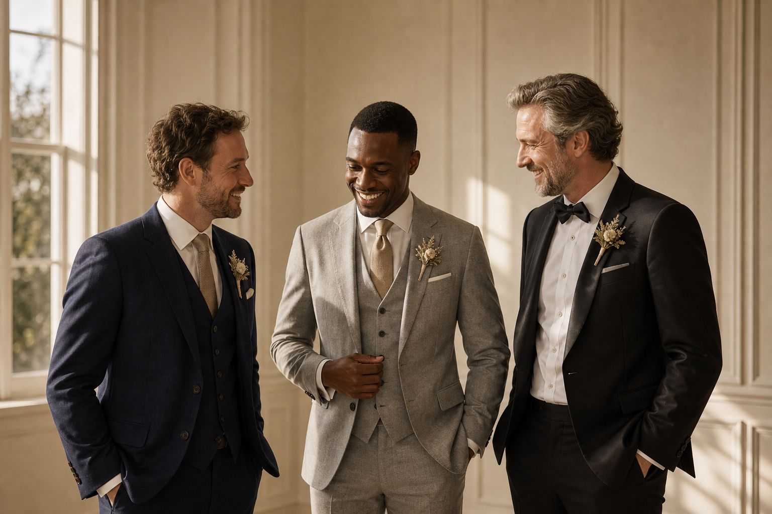 Three men in wedding attire in a bright panelled room