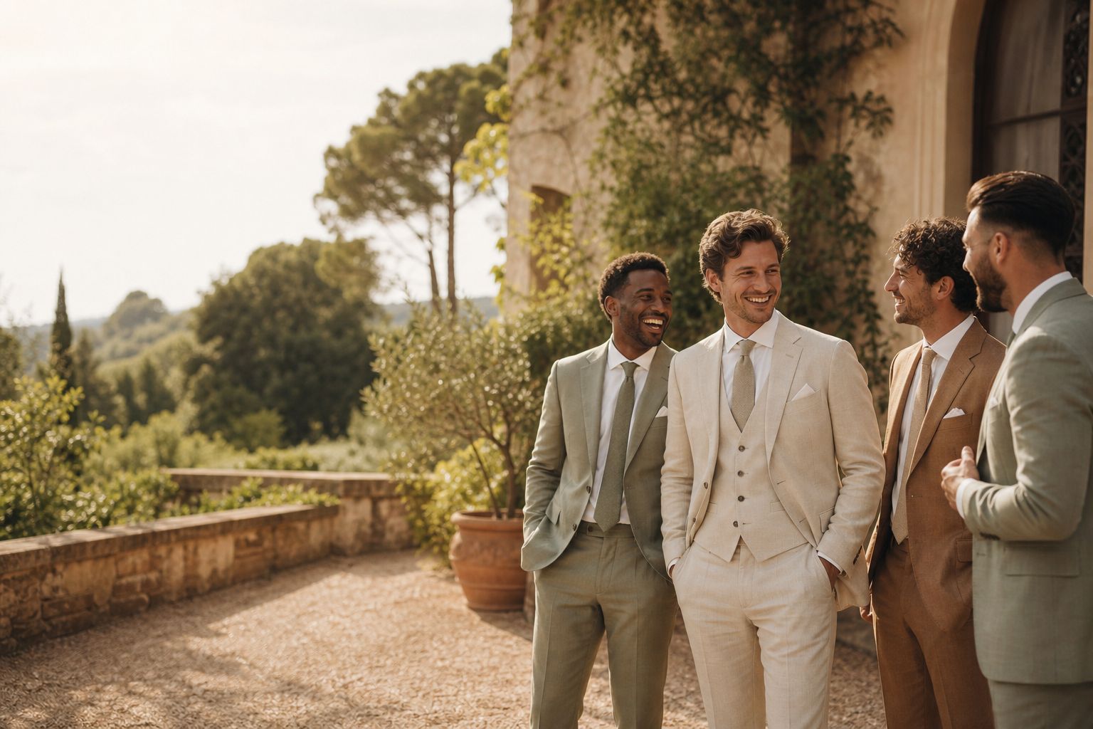 A groom and three groomsmen in tailored suits on a sunlit terrace