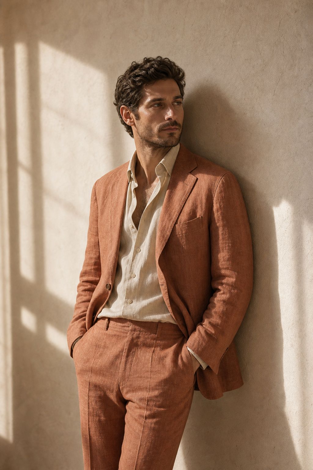 A terracotta linen suit worn against a sunlit wall