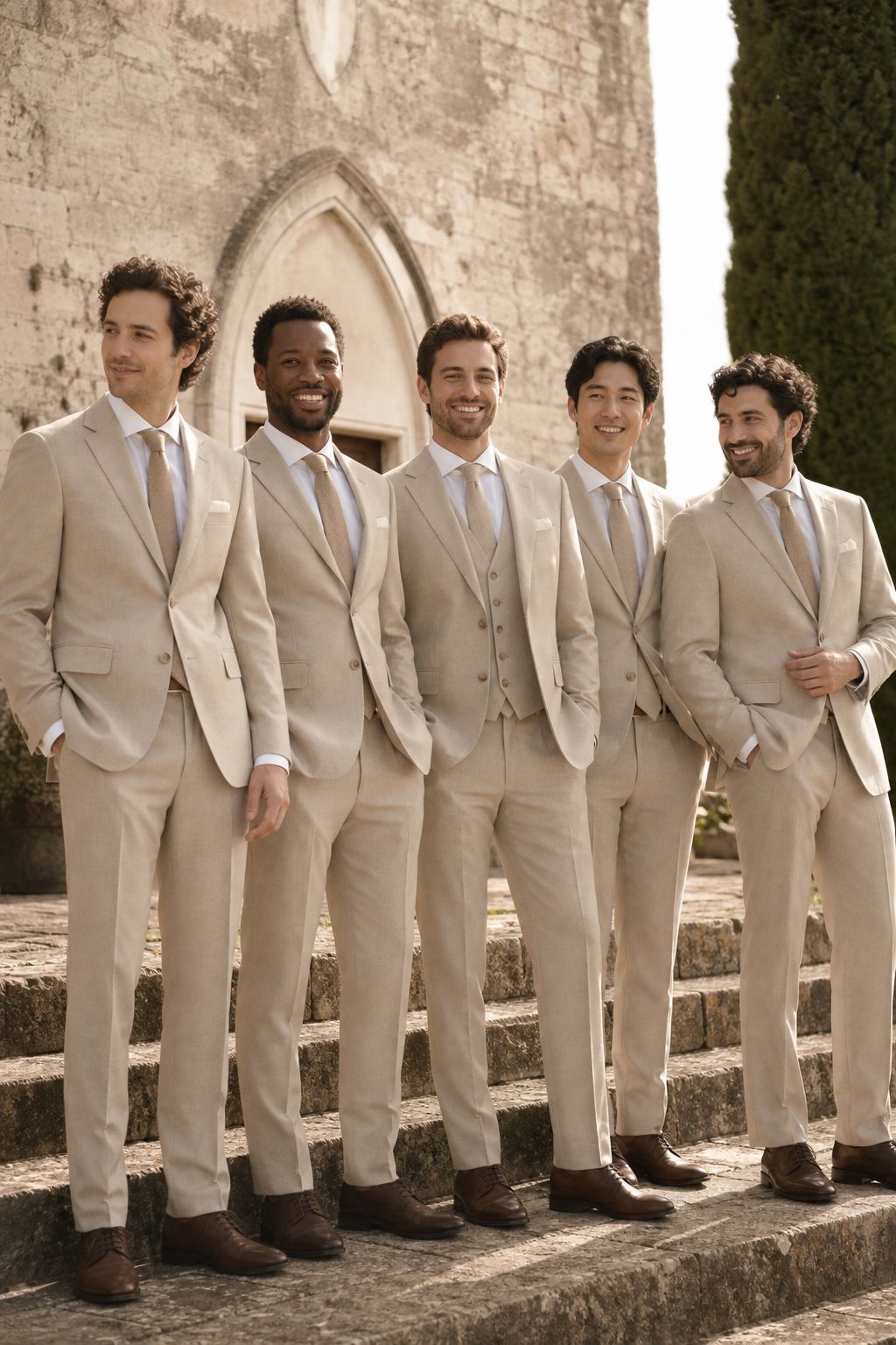 Groomsmen in sand-coloured suits on chapel steps