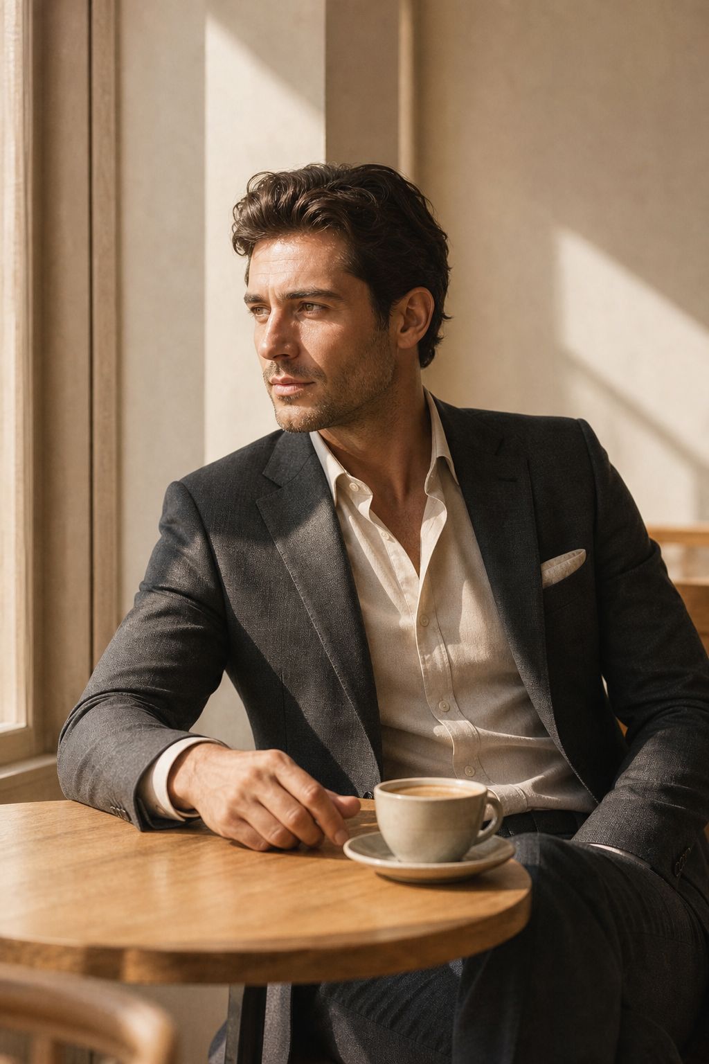 A charcoal business suit worn at a cafe table