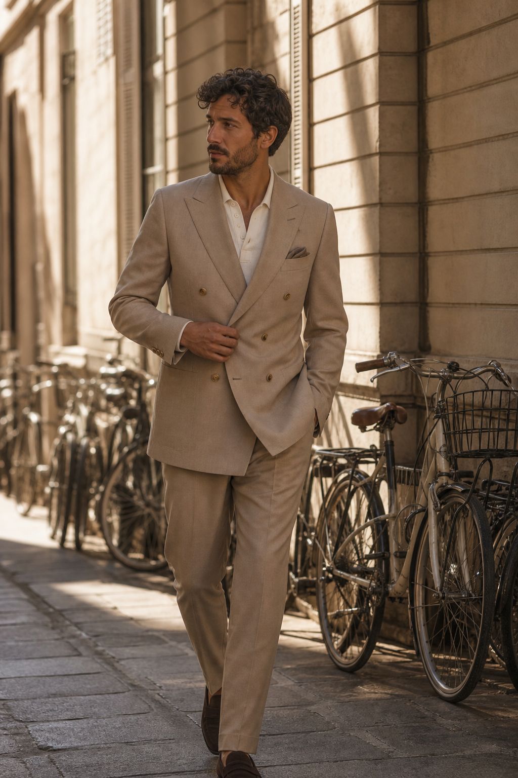 A beige double-breasted suit on a city street