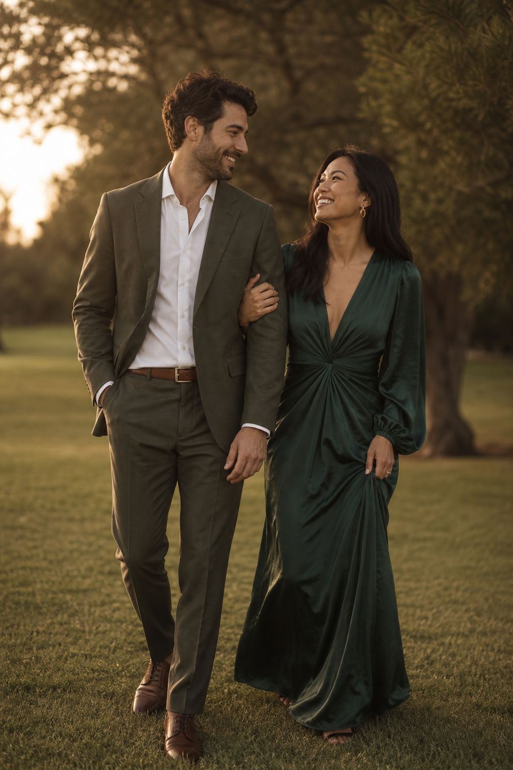 An olive suit worn at an outdoor evening event