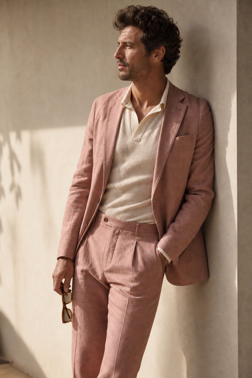 A dusty pink summer suit in bright daylight