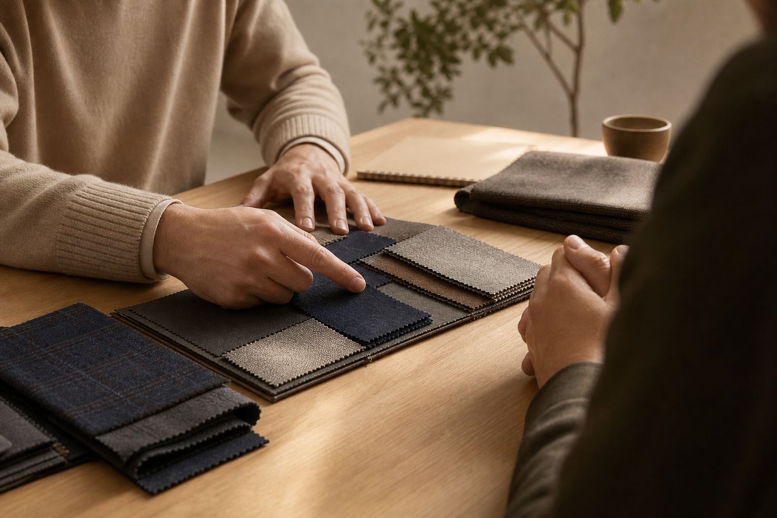 Two people at a table with fabric swatch books open between them