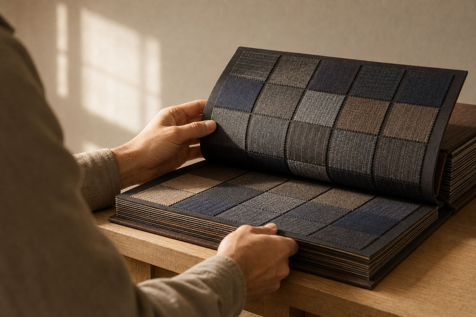 Hands turning the pages of a large suiting swatch book
