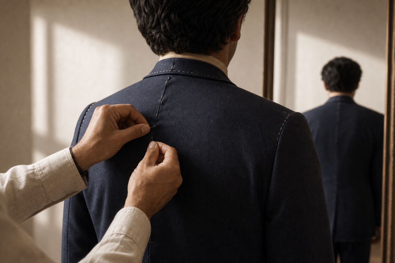A tailor pinning the back seam of a jacket on a client at a mirror
