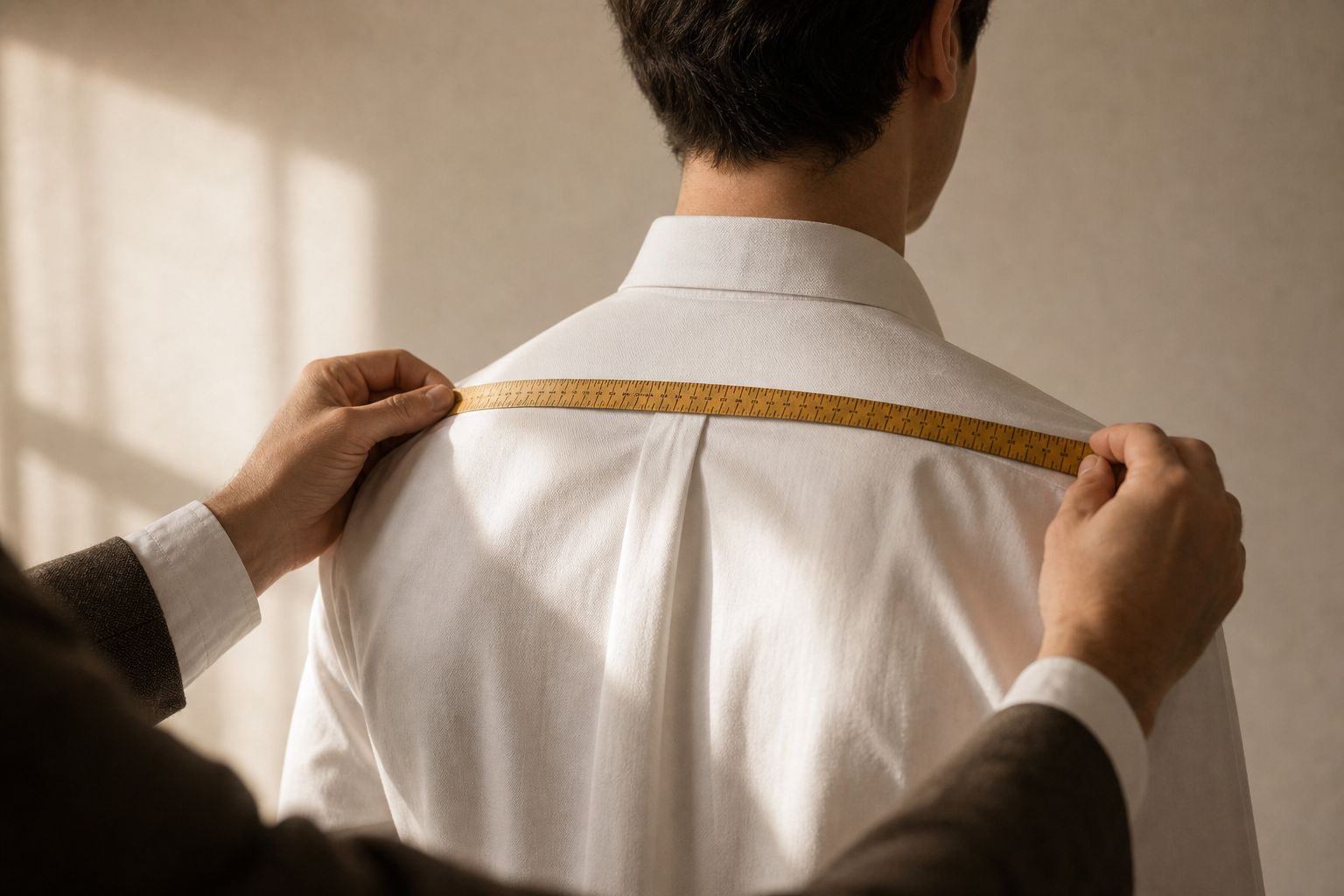 A tailor drawing a tape measure across a client's shoulders