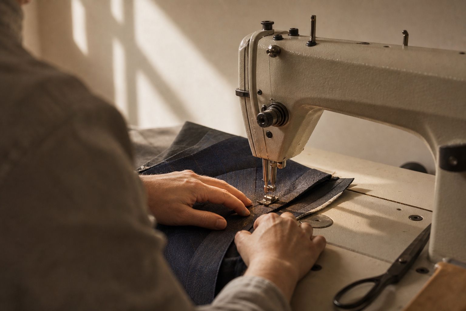Hands guiding a jacket panel under a sewing machine needle